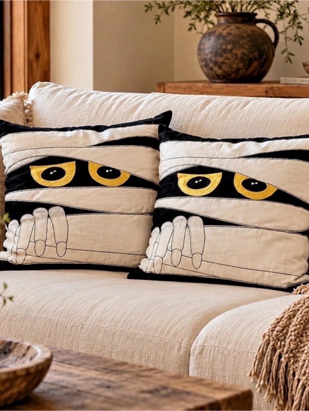 2 Black and White Halloween Mummy Throw Pillow Black & White 20x20